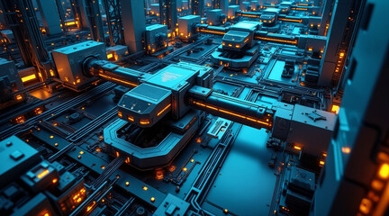 futuristic network of interconnected autonomous machines showcases intricate designs with glowing orange lights and dark metallic structures, creating captivating technological landscape