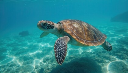 Graceful Sea Turtle Swimming in Crystal Clear Ocean Waters near Coral Reef