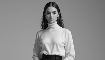 Elegant Female Model in Turtleneck Sweater Poses Against Minimalist Background
