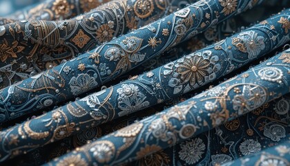 Elegant Blue Fabric with Intricate Golden and Silver Floral and Geometric Patterns Close-Up