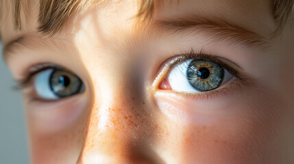Extreme close-up of child's hazel eyes with soft light and freckles for art and print design