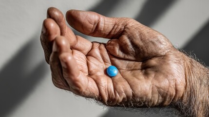 Macro view of a middle-aged man's hand holding a blue diabetes management tablet