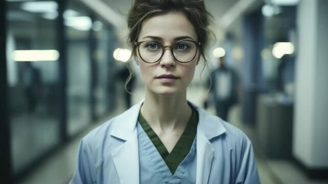 Confident Female Doctor in Scrubs and Lab Coat Standing in Modern Hospital Corridor