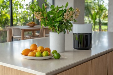 Kitchen still life with fruits and air purifier natural light home decor