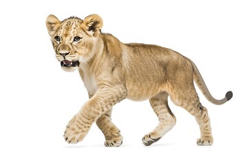 Obraz premium Young lion cub in profile, walking.
