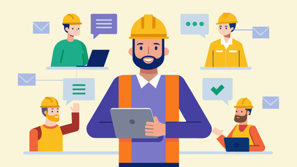 From the platform the foreman can effectively communicate with other supervisors and make any necessary adjustments to the construction schedule.. Vector illustration