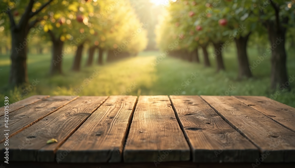 Aufkleber rustic wooden table with apple orchard background. empty wooden table product display, perfect for s