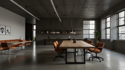 Minimalistic concrete coworking office interior 