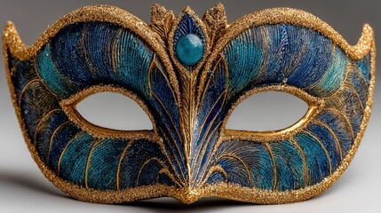 Vibrant peacock-inspired carnival mask with blue and green feathers on white background