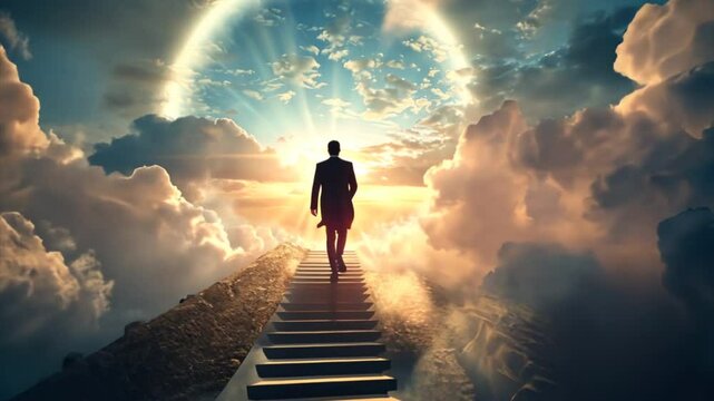 Man walking up the stairs among clouds in the sky to the shining light symbolizing heaven or Christian paradise. Life end and time passing concept