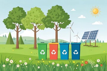 Peaceful eco friendly landscape with recycling bins, solar panels, and wind turbines under clear sky