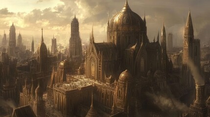 A large fantastical cityscape featuring intricate towers and domes