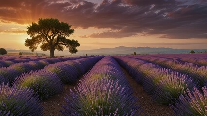 Stunning lavender field landscape Summer sunset with single tree