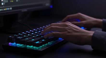 Hands typing on a rgb backlit keyboard in a dark room with a computer monitor in the background