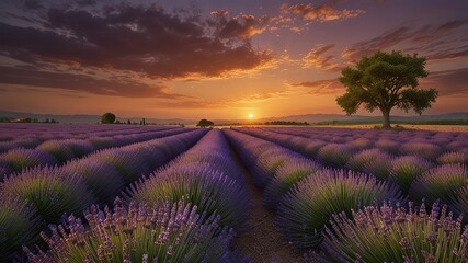 Stunning lavender field landscape Summer sunset with single tree