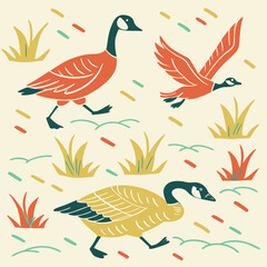 Stylized Geese Illustration: Bold Colors, Nature Print.