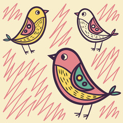Pastel Birds Illustration: Cute Hand-Drawn Avian Trio for Kids' Designs.