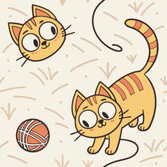 Cute Orange Tabby Kittens Playing Yarn: Adorable Cartoon Illustration.