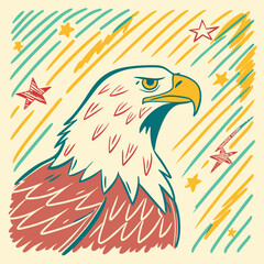 Bald Eagle Illustration: Vintage Americana Style, Red & Teal, Hand-Drawn.
