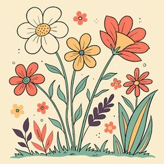 Retro Floral Bouquet Illustration - Daisies, Orange Flowers.