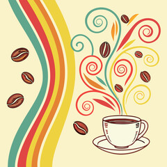 Retro Coffee Cup Illustration: Colorful Vintage Design with Rainbow Stripes & Coffee Beans.