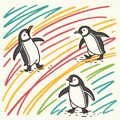 Cute Penguins Rainbow Illustration - Hand-Drawn Cartoon Style - Kids' Design.