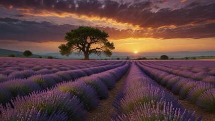 Stunning lavender field landscape Summer sunset with single tree