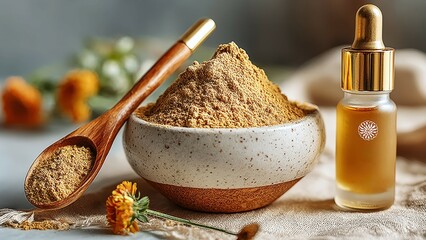 Golden spoon with powdered lion's mane on ceramic for focus and wellness rituals