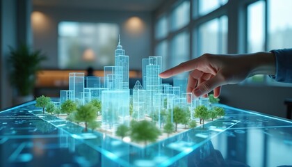 Hand points at futuristic 3D model of sustainable city on digital table. Concept of AI-powered tools assisting architects in creating eco-friendly buildings. Urban design, innovation, green