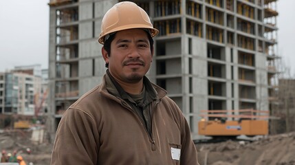 Focused portrait of a male construction worker in a hardhat stands in front of a half built skyscraper symbolizing strength expertise and dedication to architecture