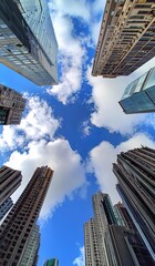 A stunning view of towering skyscrapers with a clear blue sky and fluffy clouds framed by the buildings above, illustrating the urban landscape's beauty and architecture.
