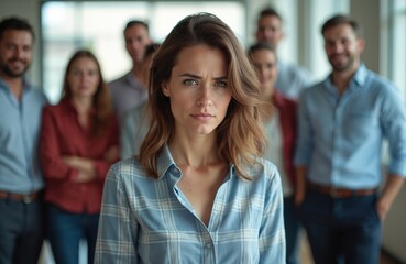 Fototapeta premium Sad woman with colleagues laughing at background. Female with unhappy expression faces forward. People behind her are blurred. Concept of workplace harassment bullying or social isolation.