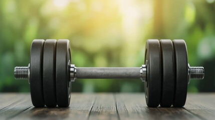 Naklejka premium Dynamic weight training setup home gym fitness equipment natural light close-up view strength building for all levels