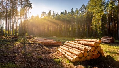 sunlit forest clearing with neatly stacked logs showcasing sustainable forestry
