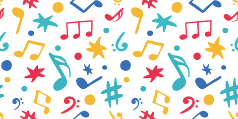 seamless colorful music notes pattern on white background, vibrant cartoon melody and rhythm design for kids party decoration, wrapping paper or fabric
