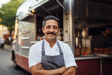 Portrait of a confident Hispanic middle age chef with standing by food truck on street
