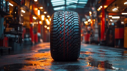 Hdr image of tire being balanced in an action oriented setup with ambient lighting