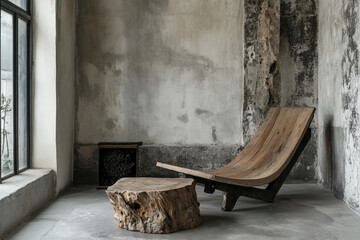 Loft, nomadic interior design of modern living room, home. Stump a side table and a rustic wooden lounge chair against an old concrete wall.