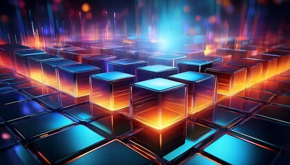 a sleek 3d abstract background featuring floating transparent cubes with glowing neon cores the high tech reflections and deep cybernetic hues enhance the futuristic digital composition