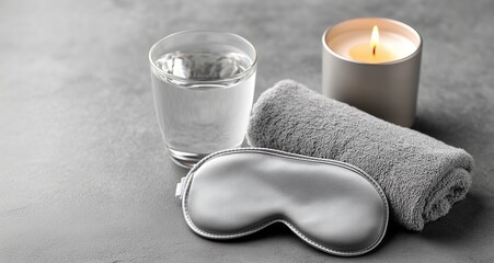 Relaxation essentials for a calming night routine focusing on self-care and wellness with water, candle, towel, and sleep mask, for unwinding and preparing for a restful night