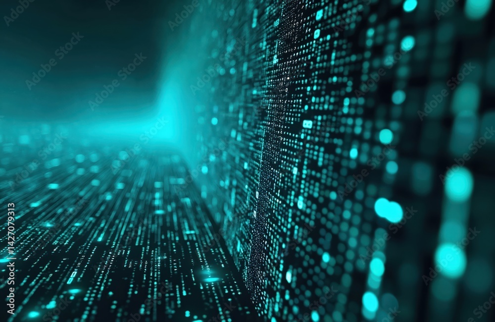 Fototapete Futuristic illustration with dynamic flowing binary code, cyberattack. Digital security concept, intrusion. Abstract visualization of data streams. Cybercrime, hacking, digital security, coding,