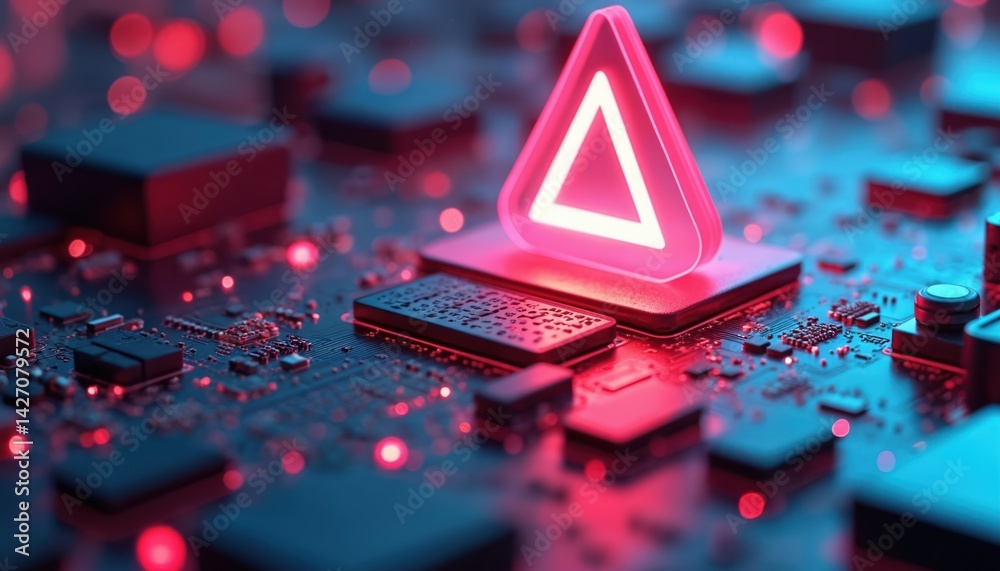 Aufkleber futuristic illustration of neon warning sign on circuit board. illuminated red alert symbol against 