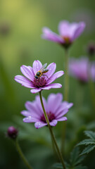 Obraz premium A bee pollinating a purple flower on a green plant background.