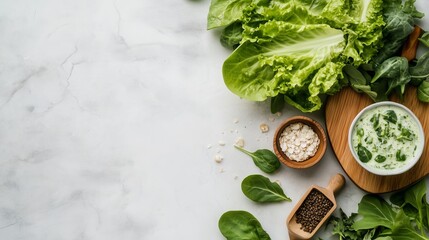 Obraz premium Fresh greens and herbs arranged on a wooden board with a bowl of healthy dressing set against a light textured background