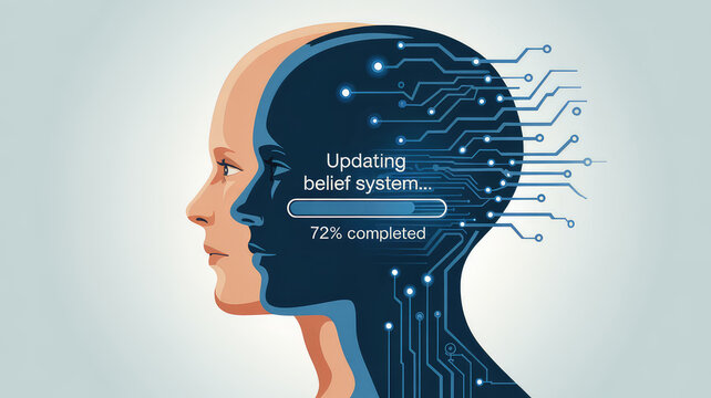 Digital Belief System Upgrade: A conceptual illustration of a human profile undergoing a technological transformation, symbolizing the updating and enhancement of belief systems.