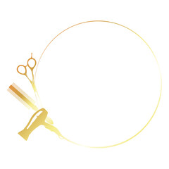 Hair dryer scissors comb in a circle, golden design for a beauty salon