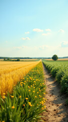 Obraz premium A serene countryside scene with a dirt road lined by rows of crops under a clear sky.