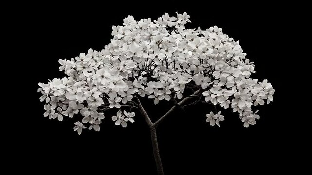 Elegant dogwood tree covered in white blossoms stands against a stark black background