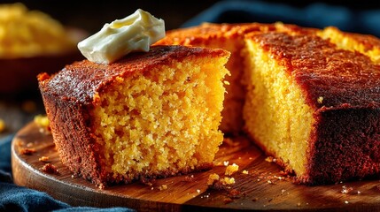 Delicious thick slice of American cornbread with golden edges and moist interior