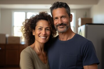 Obraz premium Portrait of a smiling middle age Hispanic couple in empty home after moving in